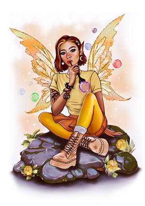 Tattoo on calf - Strong fairy blowing bubbles | Diseño de Tatuaje por Omelas