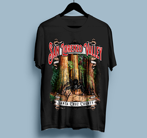 Black widow and redwood trees with font | T-shirt Design by dundun