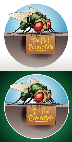 A large fly sitting against a wall with a cardboard sign hung around his neck | Graphic Design by Suprakash 3