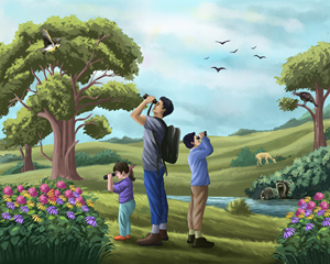Adventure backpack with kids and adult using binoculars in Kansas nature | Diseño Con Ilustración por ELAMANTS