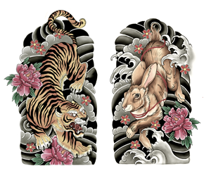 Dual Sleeve Tattoos - Zodiac Sign of Rabbit and Tiger - Japanese Origin | Design de Tatouage par Jezzus