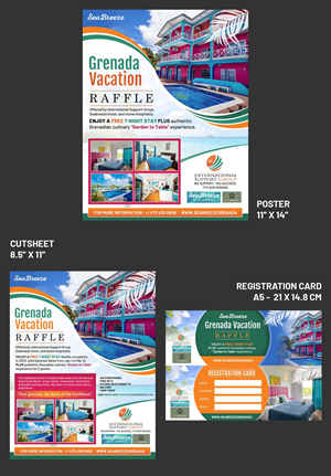 Raffle Poster, Details Cut Sheet, and small registration card. | Diseño de Flyer por DA.