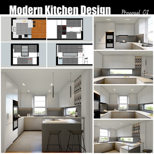 Design of modern small kitchen with 3 windows and bar | 3D Design von 3DViz