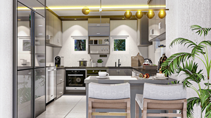Design of modern small kitchen with 3 windows and bar | 3D Design von Jrathnayake