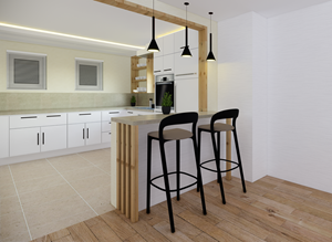 Design of modern small kitchen with 3 windows and bar | 3D Design von SHbro