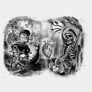 Chest tattoo grim reaper on one side and Popeye in a fighting stance on the other