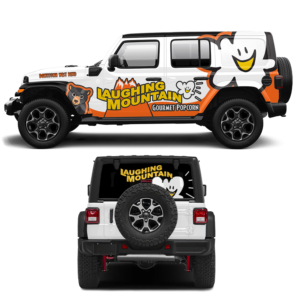 Car Wrap Design by aabirk09 for Laughing Mountain Gourmet Popcorn | Design #30060328