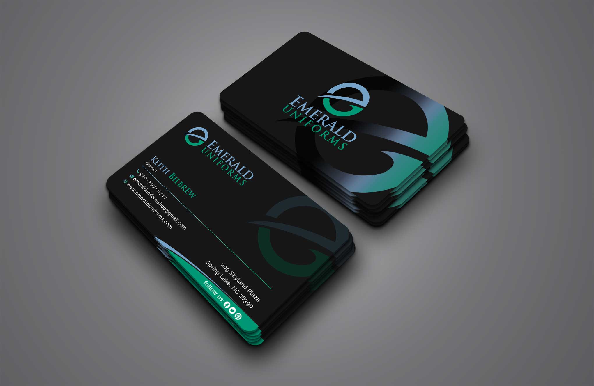 Business Card Design by Creative Moon Design for Emerald uniforms | Design #30212877