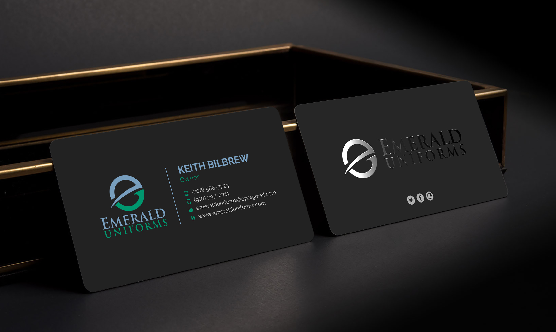 Business Card Design by Sun Moon Graphic Designer for Emerald uniforms | Design #30141770