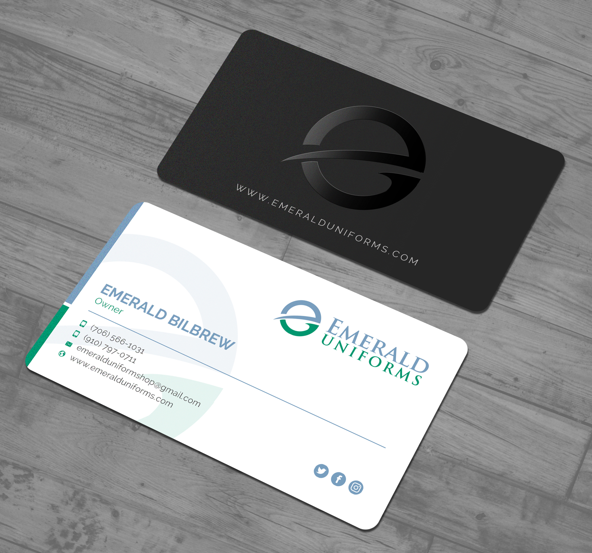 Business Card Design by Sun Moon Graphic Designer for Emerald uniforms | Design #30141773