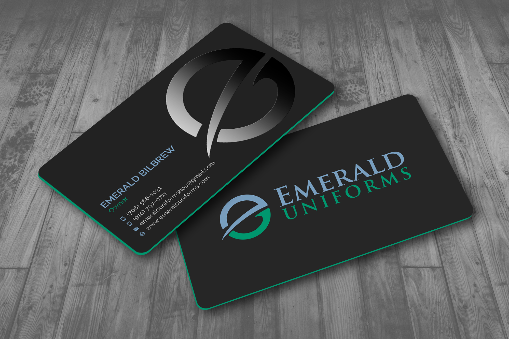 Business Card Design by Sun Moon Graphic Designer for Emerald uniforms | Design #30141784