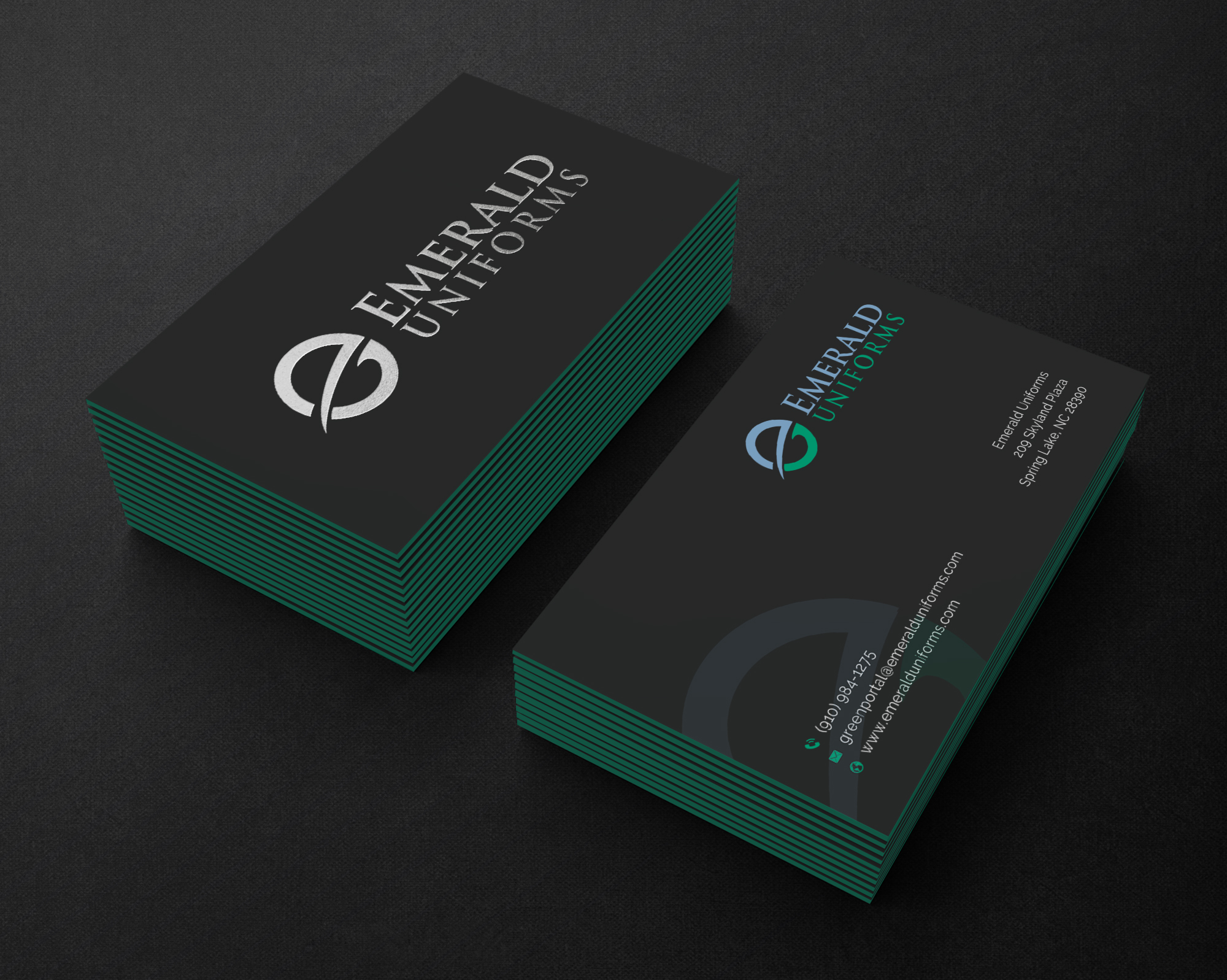 Business Card Design by Sun Moon Graphic Designer for Emerald uniforms | Design #30141790