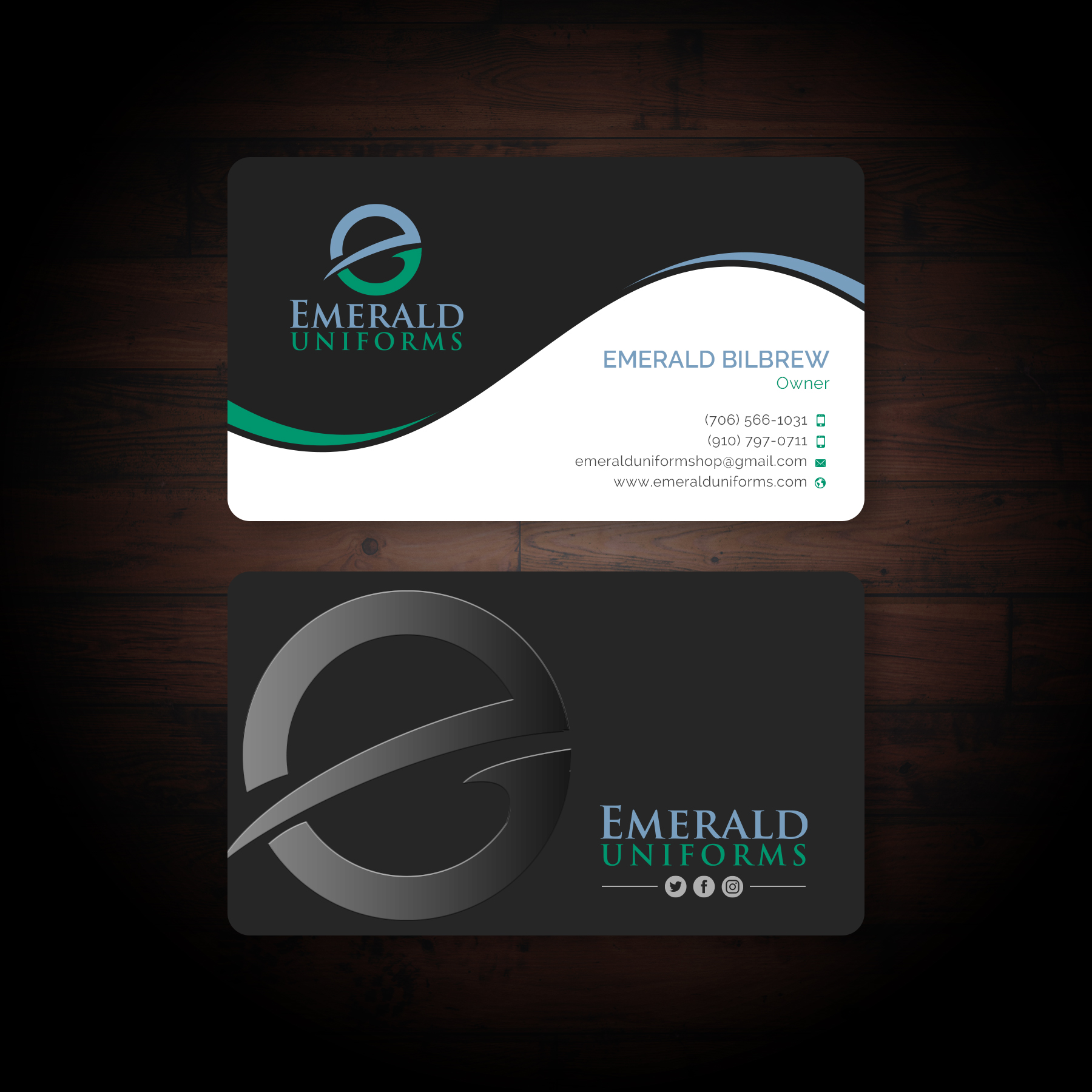 Business Card Design by Sun Moon Graphic Designer for Emerald uniforms | Design #30173779