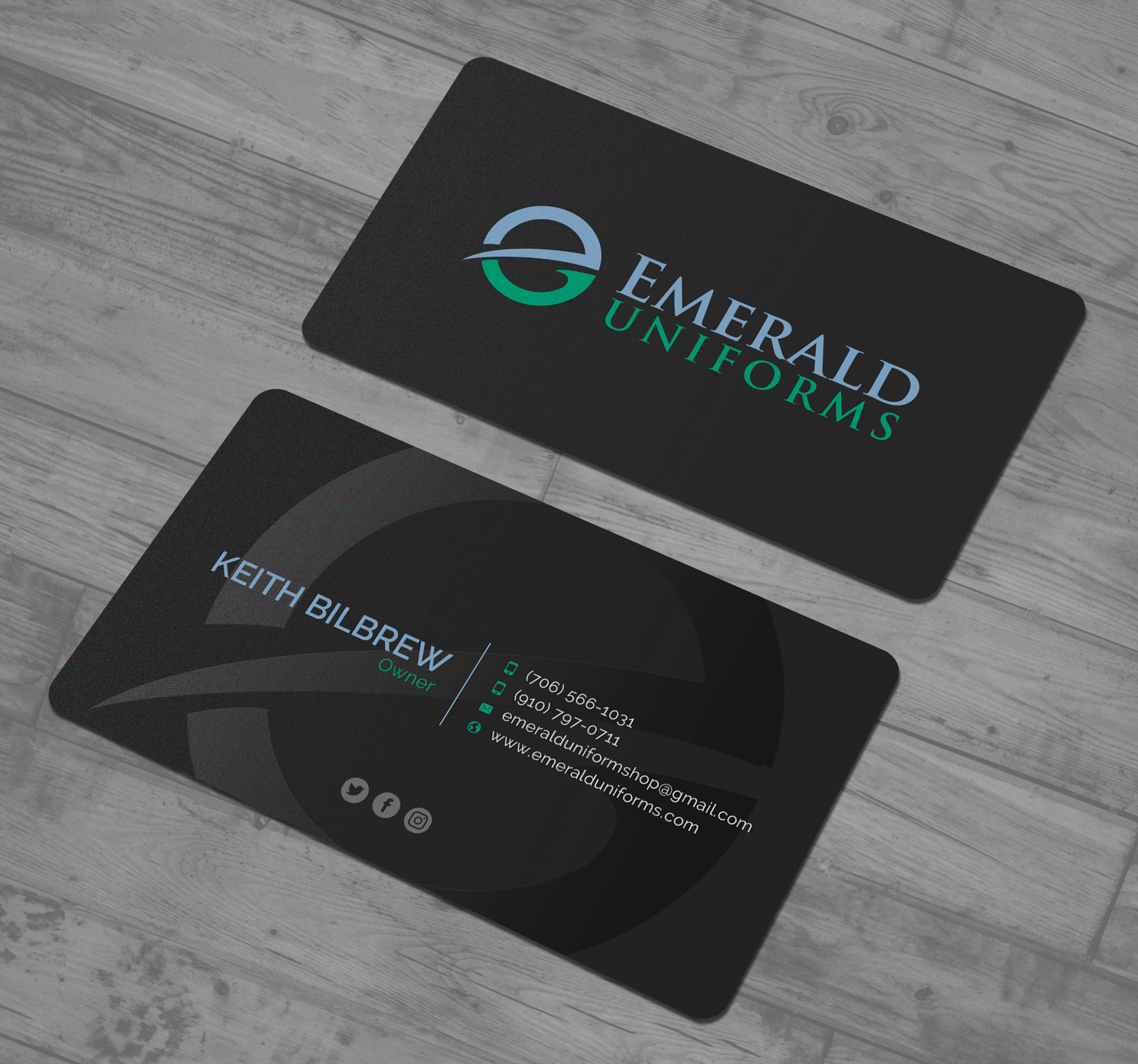 Business Card Design by Sun Moon Graphic Designer for Emerald uniforms | Design #30173785