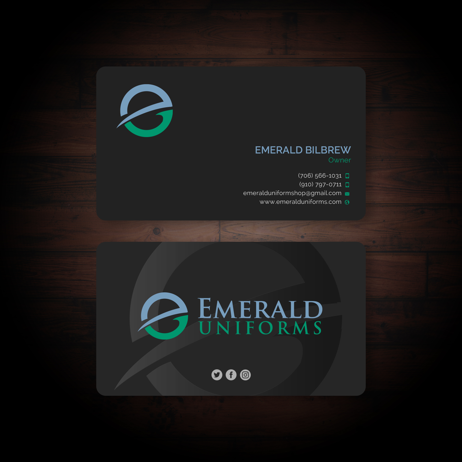 Business Card Design by Sun Moon Graphic Designer for Emerald uniforms | Design #30173788