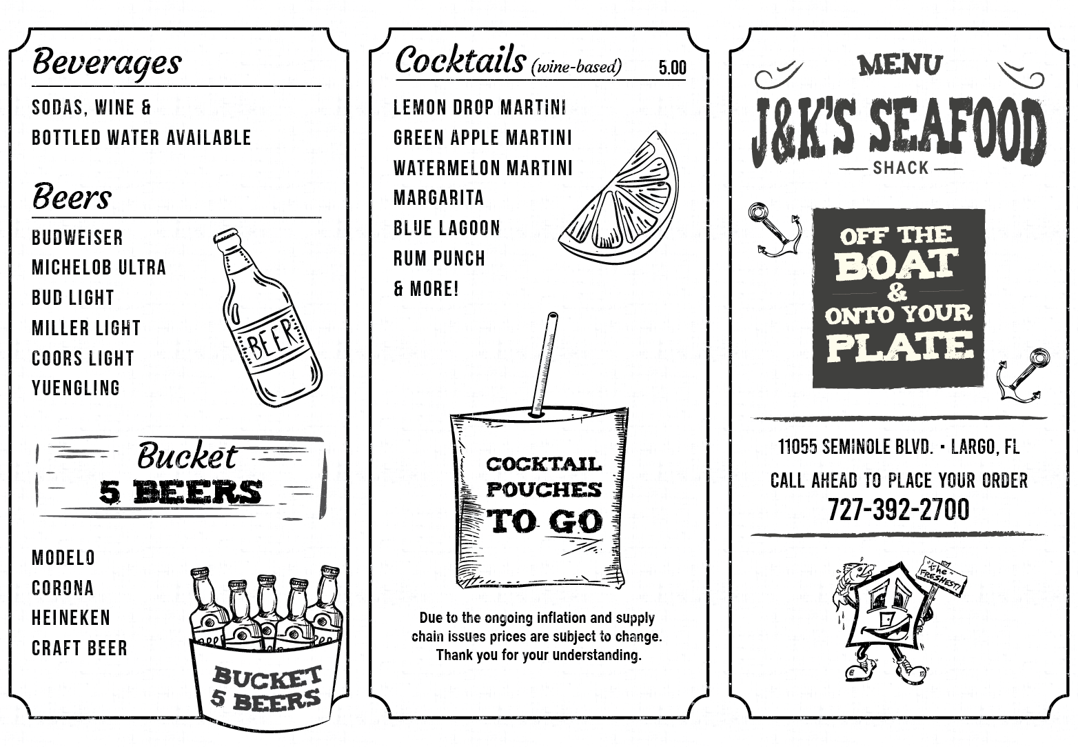 Menu Design by Pamela Mannino and Scott Bonas for J&K Seafood Shack | Design #30186008