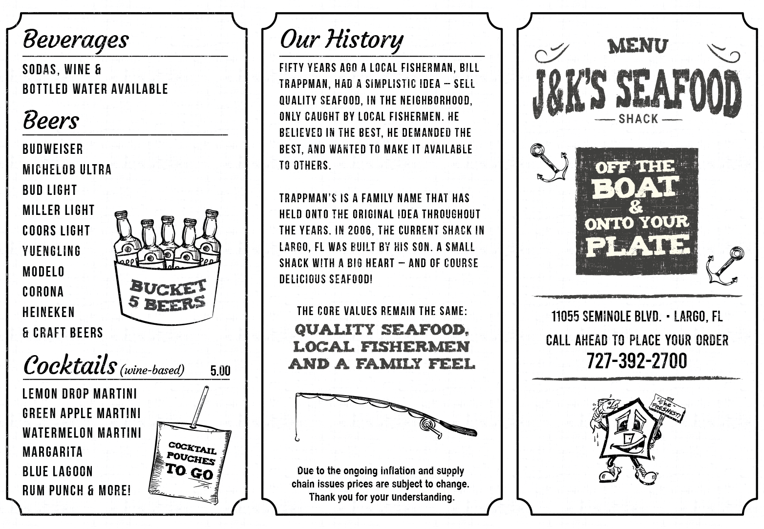 Design de Menu par Pamela Mannino and Scott Bonas pour J&K Seafood Shack | Design #30192483