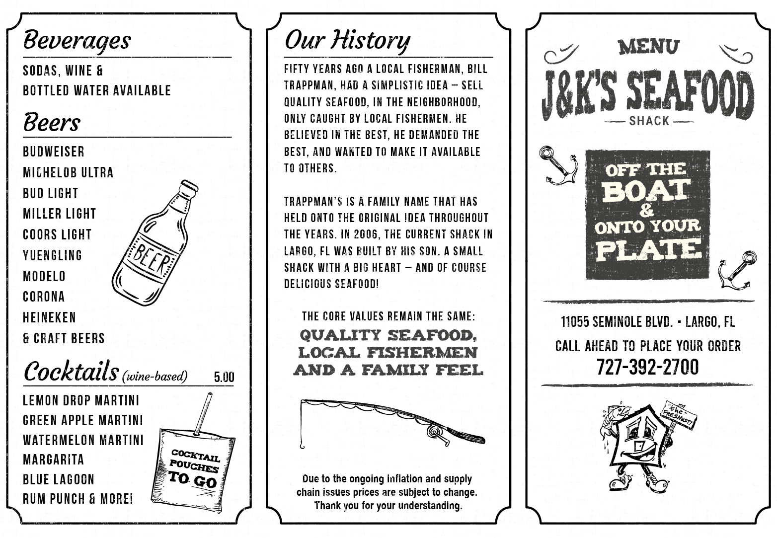 Menu Design by Pamela Mannino and Scott Bonas for J&K Seafood Shack | Design #30192485