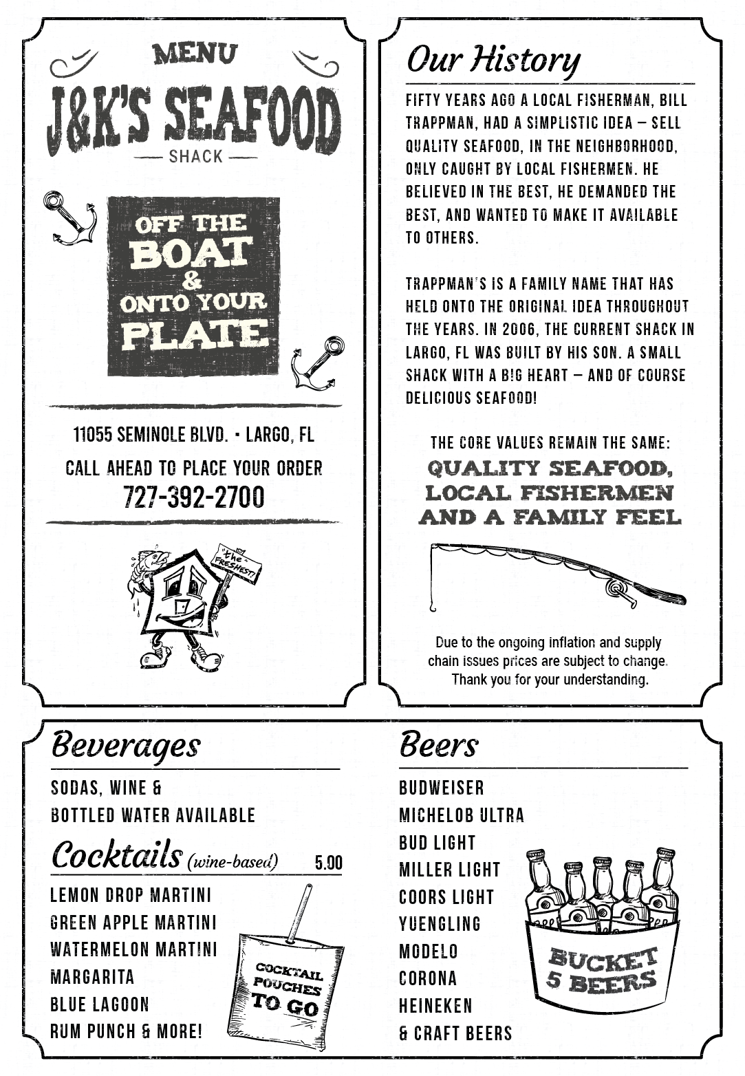 Menu Design by Pamela Mannino and Scott Bonas for J&K Seafood Shack | Design #30204986