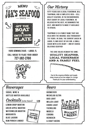 Menu Design by Pamela Mannino and Scott Bonas for J&K Seafood Shack | Design: #30204986