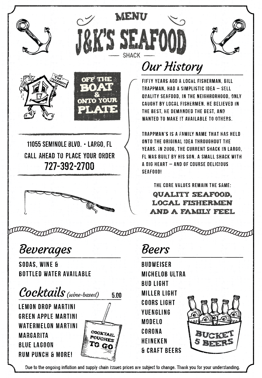 Design de Menu par Pamela Mannino and Scott Bonas pour J&K Seafood Shack | Design #30204988