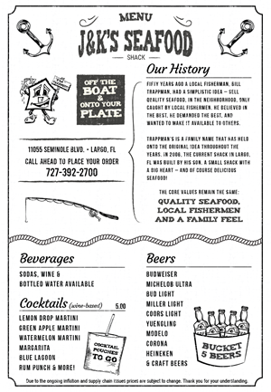 Menu Design by Pamela Mannino and Scott Bonas for J&K Seafood Shack | Design: #30204988