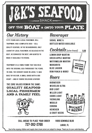 Menu Design by Pamela Mannino and Scott Bonas for J&K Seafood Shack | Design: #30204989