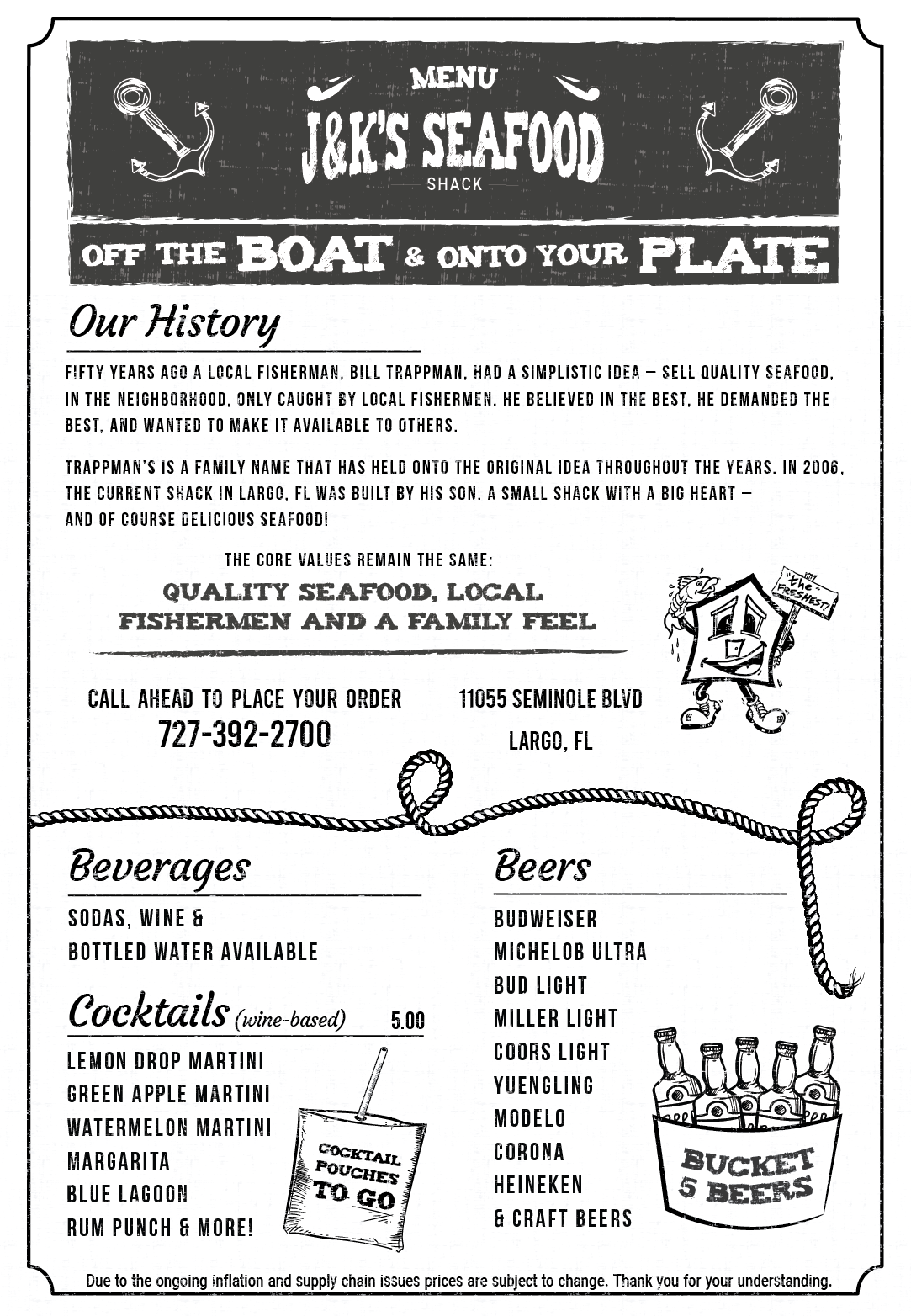 Design de Menu par Pamela Mannino and Scott Bonas pour J&K Seafood Shack | Design #30204990