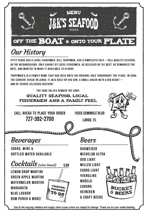 Menu Design by Pamela Mannino and Scott Bonas for J&K Seafood Shack | Design: #30204990