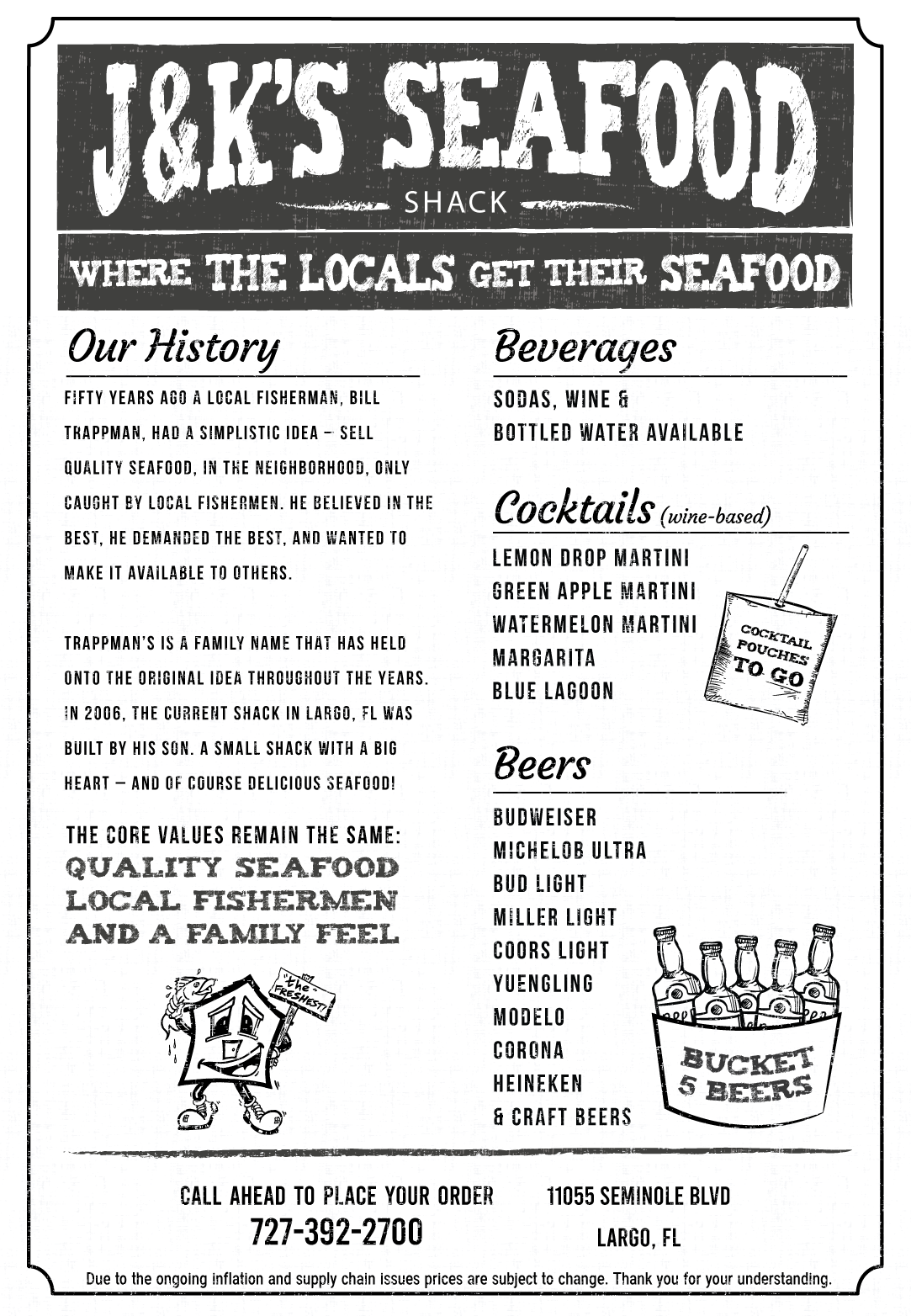 Design de Menu par Pamela Mannino and Scott Bonas pour J&K Seafood Shack | Design #30226541