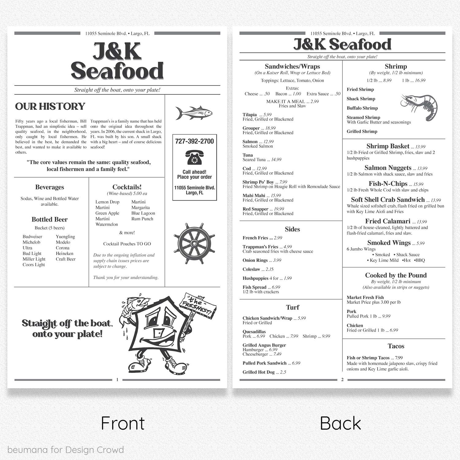 Menu Design by beumana for J&K Seafood Shack | Design #30213823
