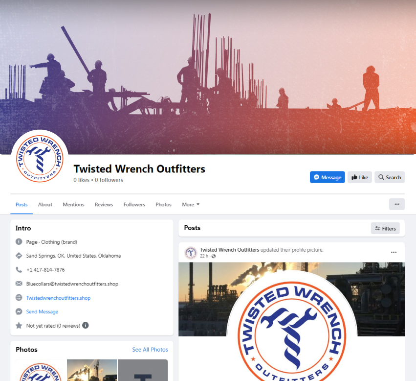 Diseño de Facebook por SimpleDoodle Design Studio para Twisted Wrench Outfitters | Diseño #30160859