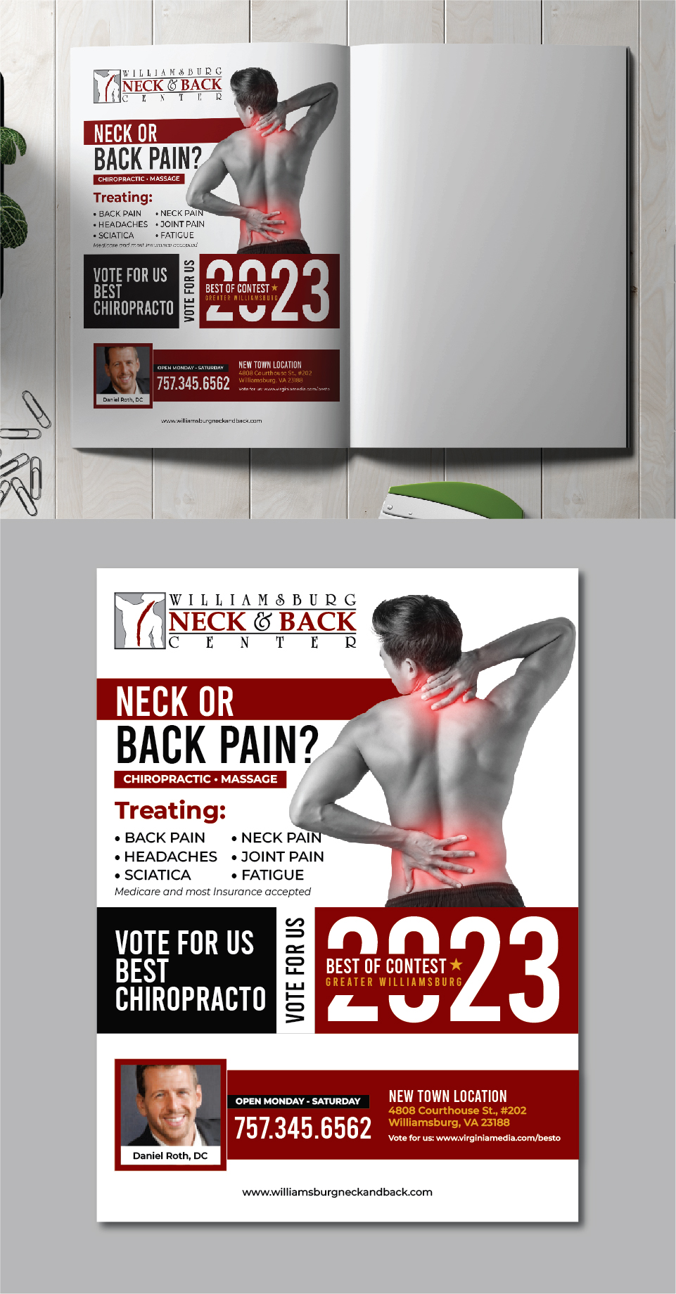 Advertisement Design by 3Guys for Williamsburg Neck and Back Center | Design #30186031
