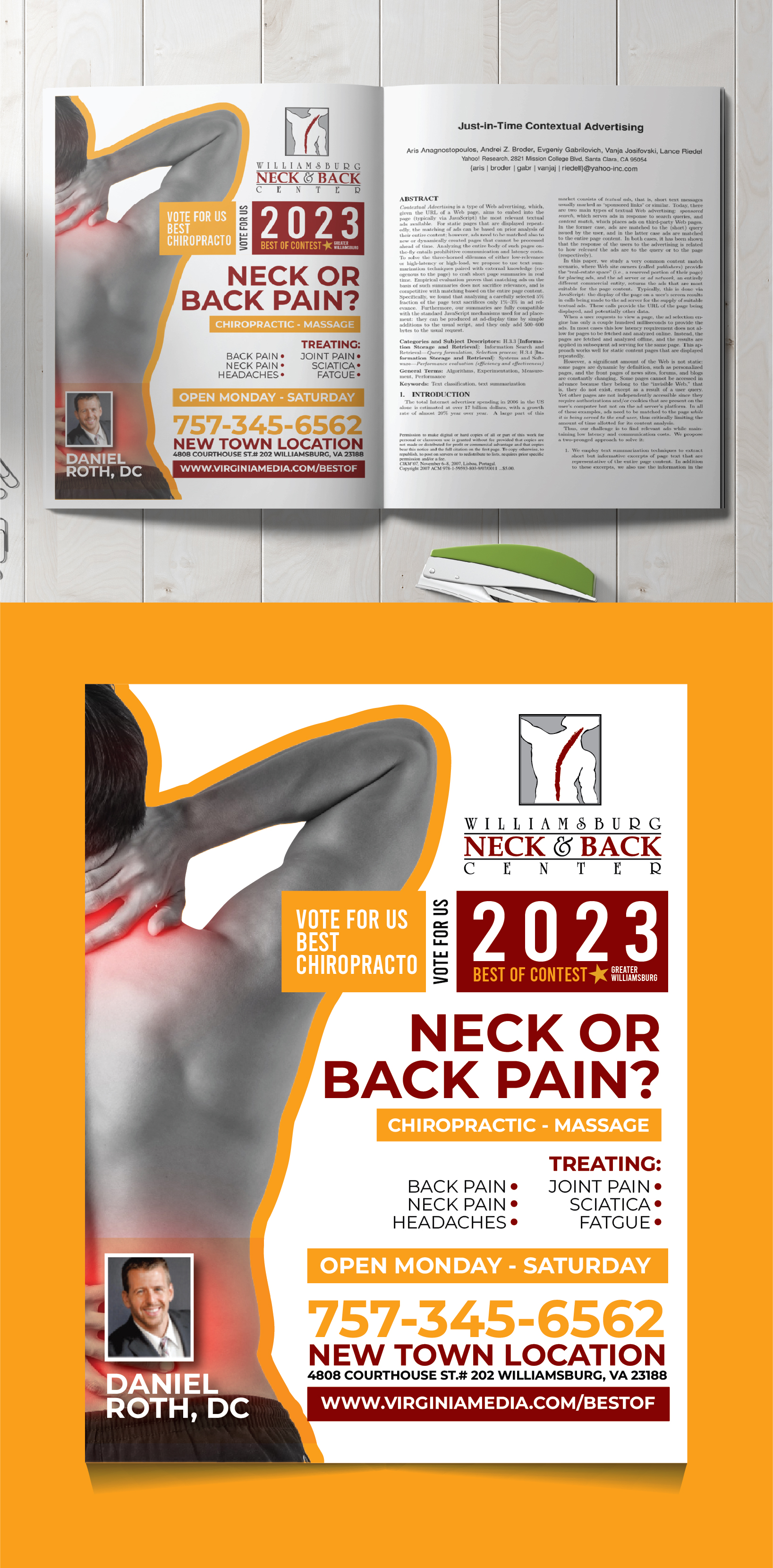 Advertisement Design by 3Guys for Williamsburg Neck and Back Center | Design #30198421