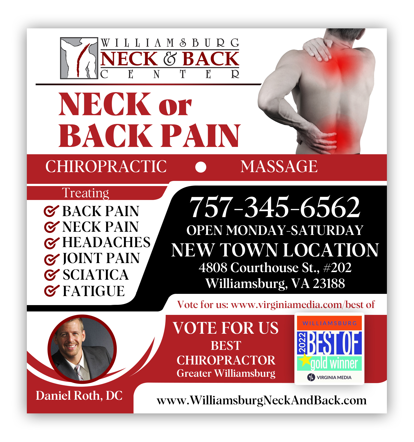 Advertisement Design by Black Machine Grafx for Williamsburg Neck and Back Center | Design #30196640