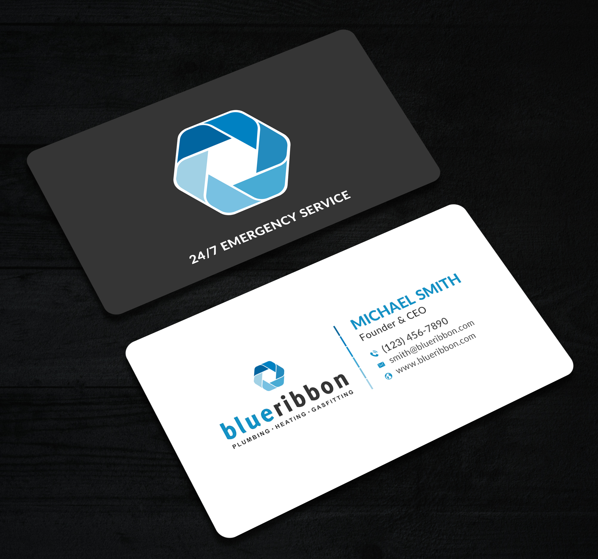 Business Card Design by Sun Moon Graphic Designer for Blue Ribbon Plumbing Heating & Gasfitting Ltd. | Design #30290189
