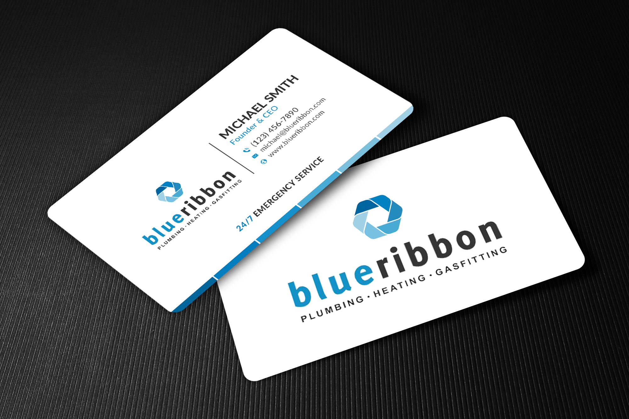 Business Card Design by Sun Moon Graphic Designer for Blue Ribbon Plumbing Heating & Gasfitting Ltd. | Design #30290885