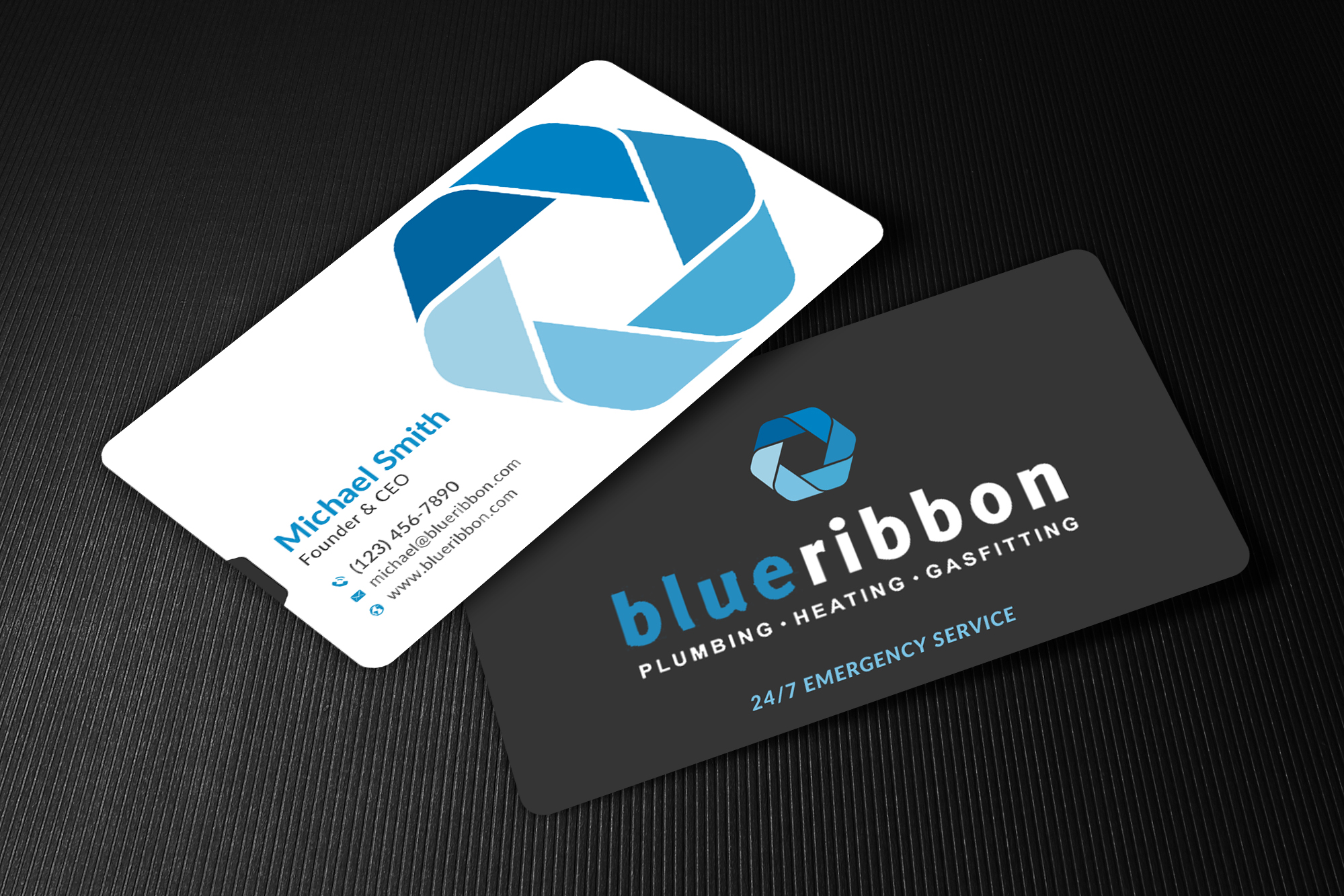 Business Card Design by Sun Moon Graphic Designer for Blue Ribbon Plumbing Heating & Gasfitting Ltd. | Design #30290888