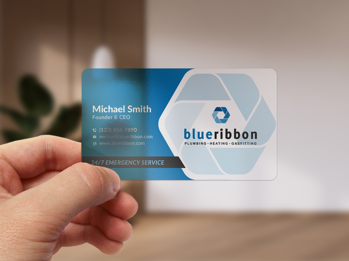 Business Card Design by Sun Moon Graphic Designer for Blue Ribbon Plumbing Heating & Gasfitting Ltd. | Design #30290893