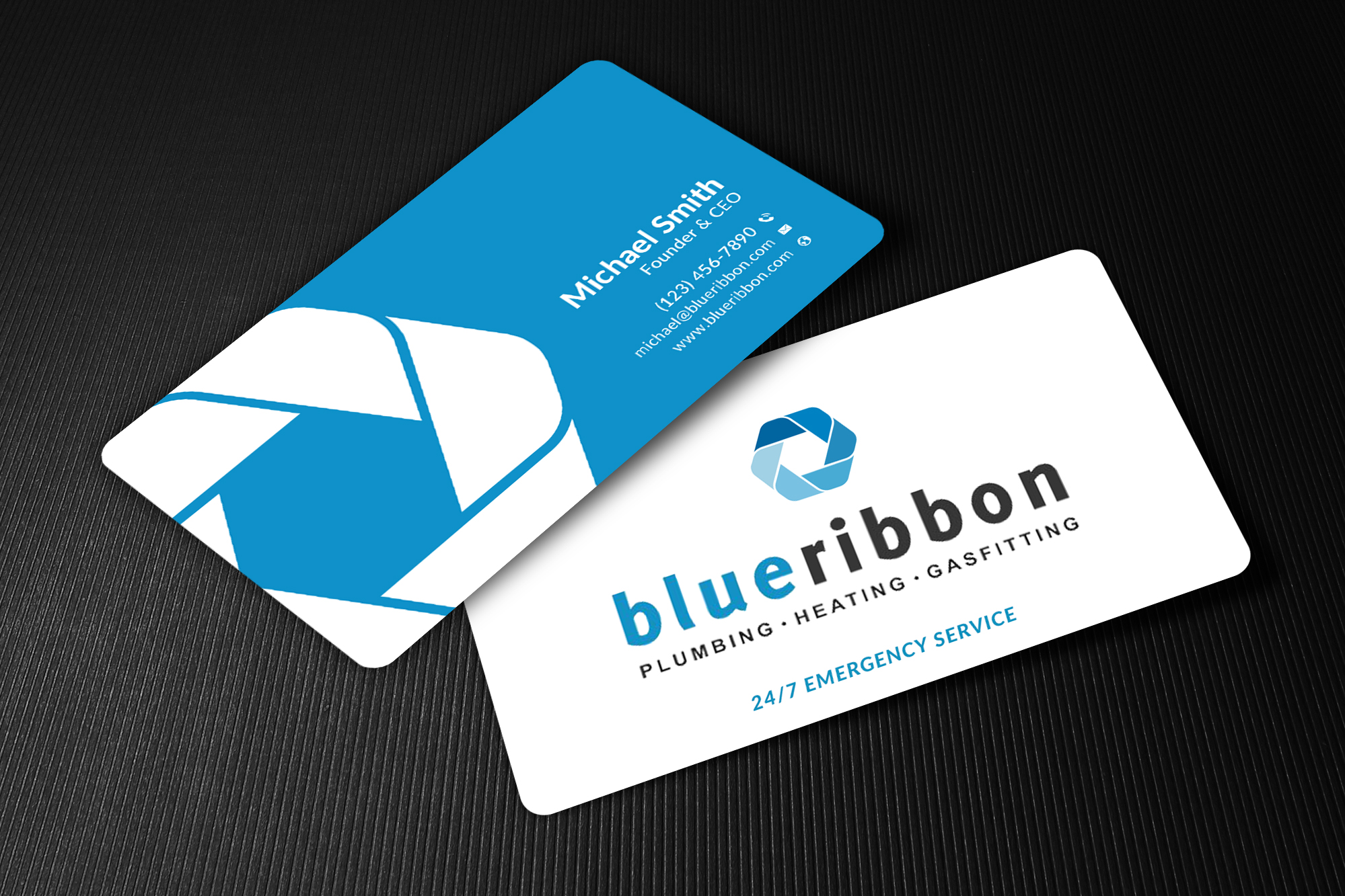 Business Card Design by Sun Moon Graphic Designer for Blue Ribbon Plumbing Heating & Gasfitting Ltd. | Design #30290894