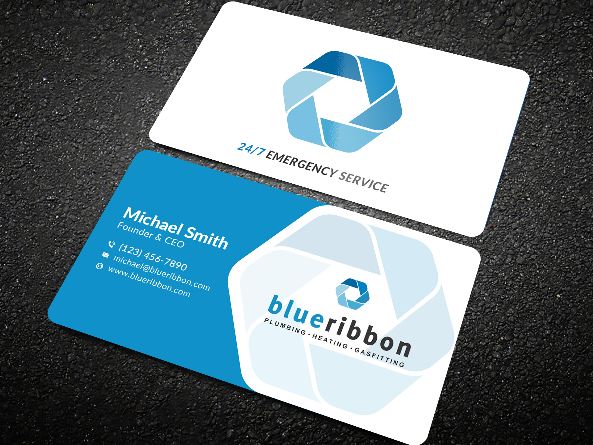 Business Card Design by Sun Moon Graphic Designer for Blue Ribbon Plumbing Heating & Gasfitting Ltd. | Design #30290895