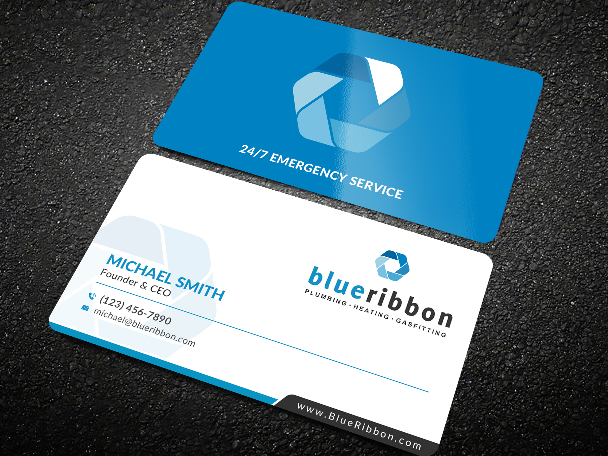 Business Card Design by Sun Moon Graphic Designer for Blue Ribbon Plumbing Heating & Gasfitting Ltd. | Design #30290896