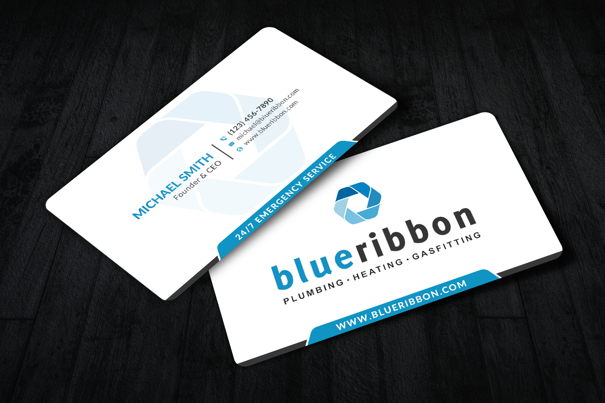 Business Card Design by Sun Moon Graphic Designer for Blue Ribbon Plumbing Heating & Gasfitting Ltd. | Design #30290897