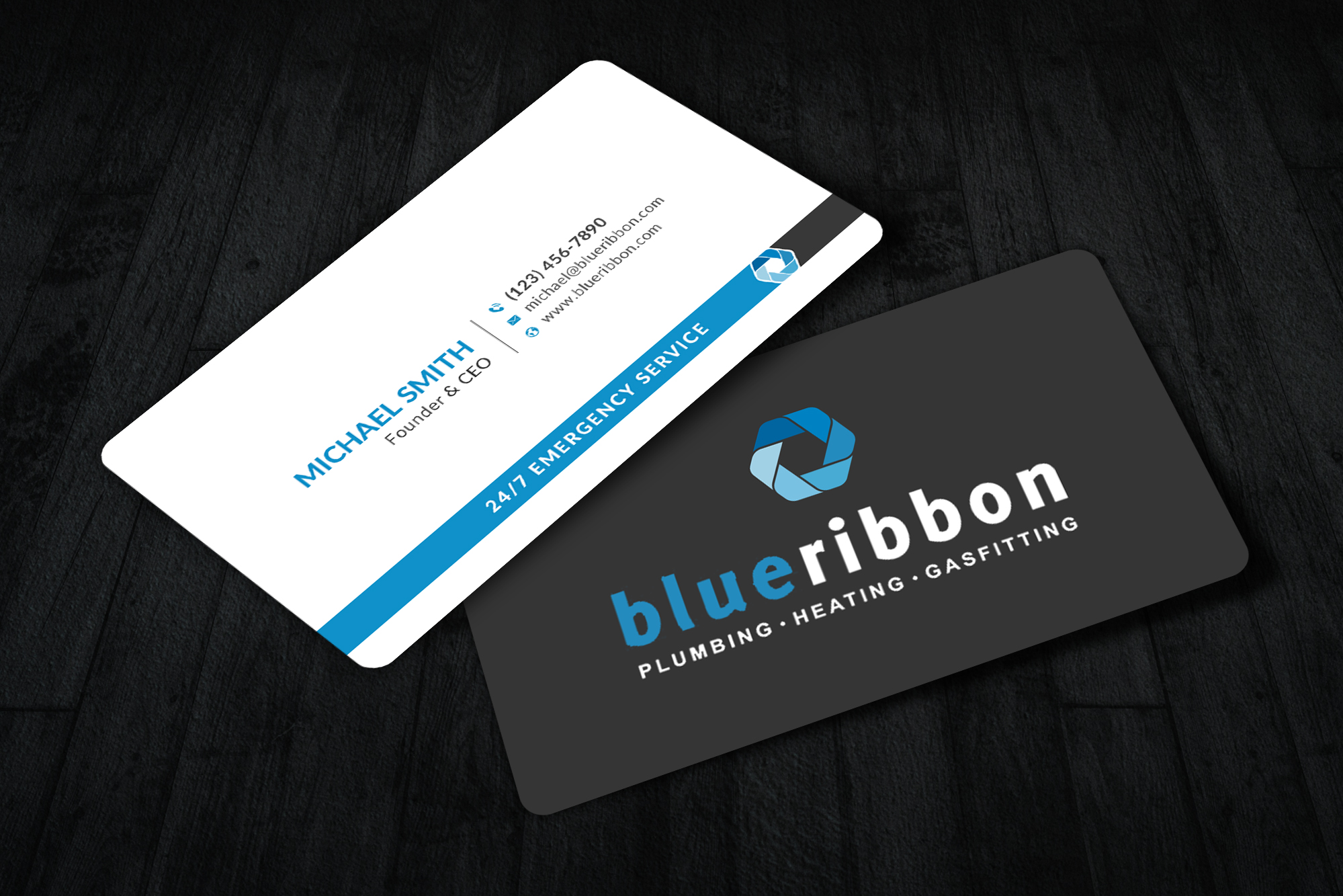 Business Card Design by Sun Moon Graphic Designer for Blue Ribbon Plumbing Heating & Gasfitting Ltd. | Design #30290901