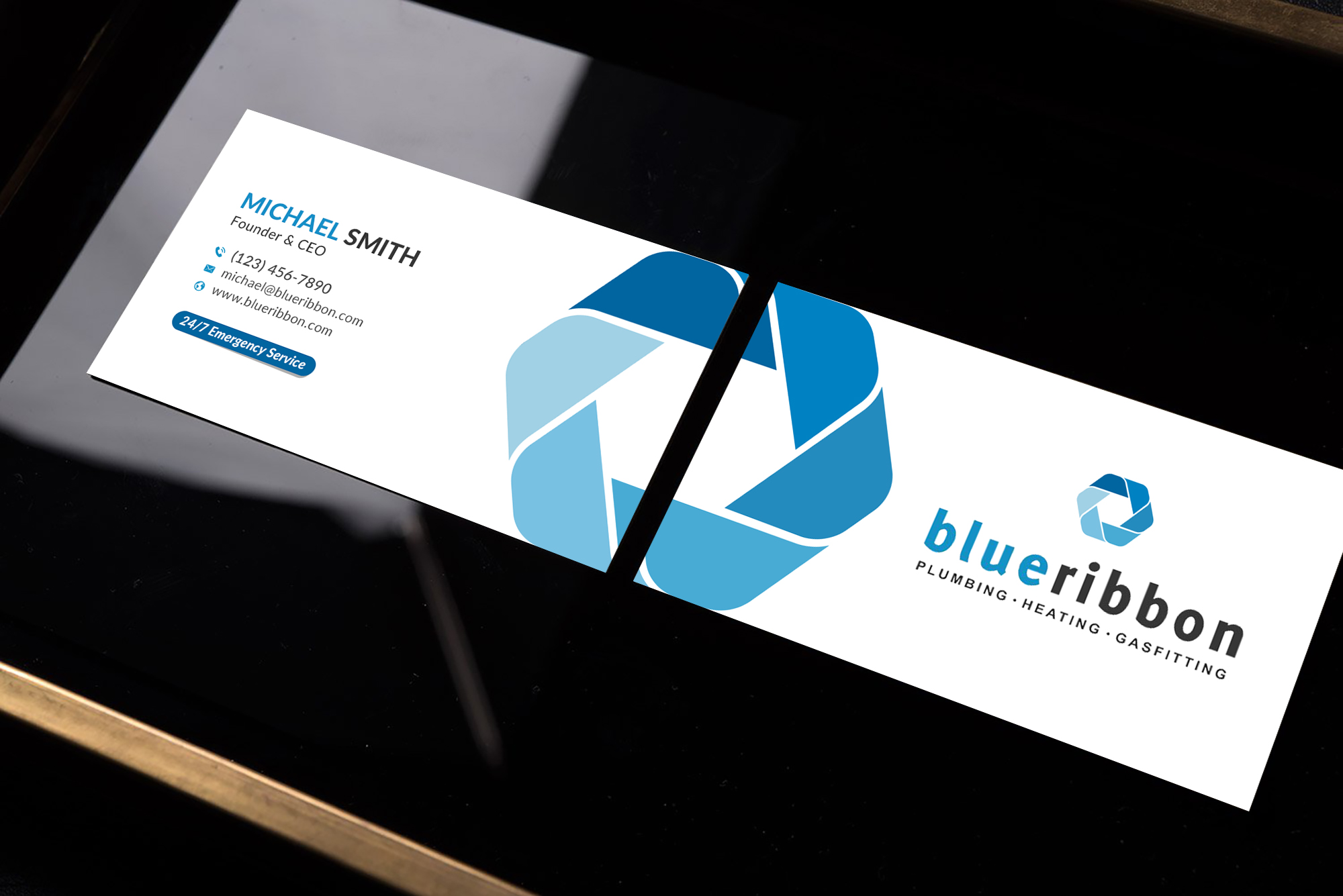 Business Card Design by Sun Moon Graphic Designer for Blue Ribbon Plumbing Heating & Gasfitting Ltd. | Design #30290902