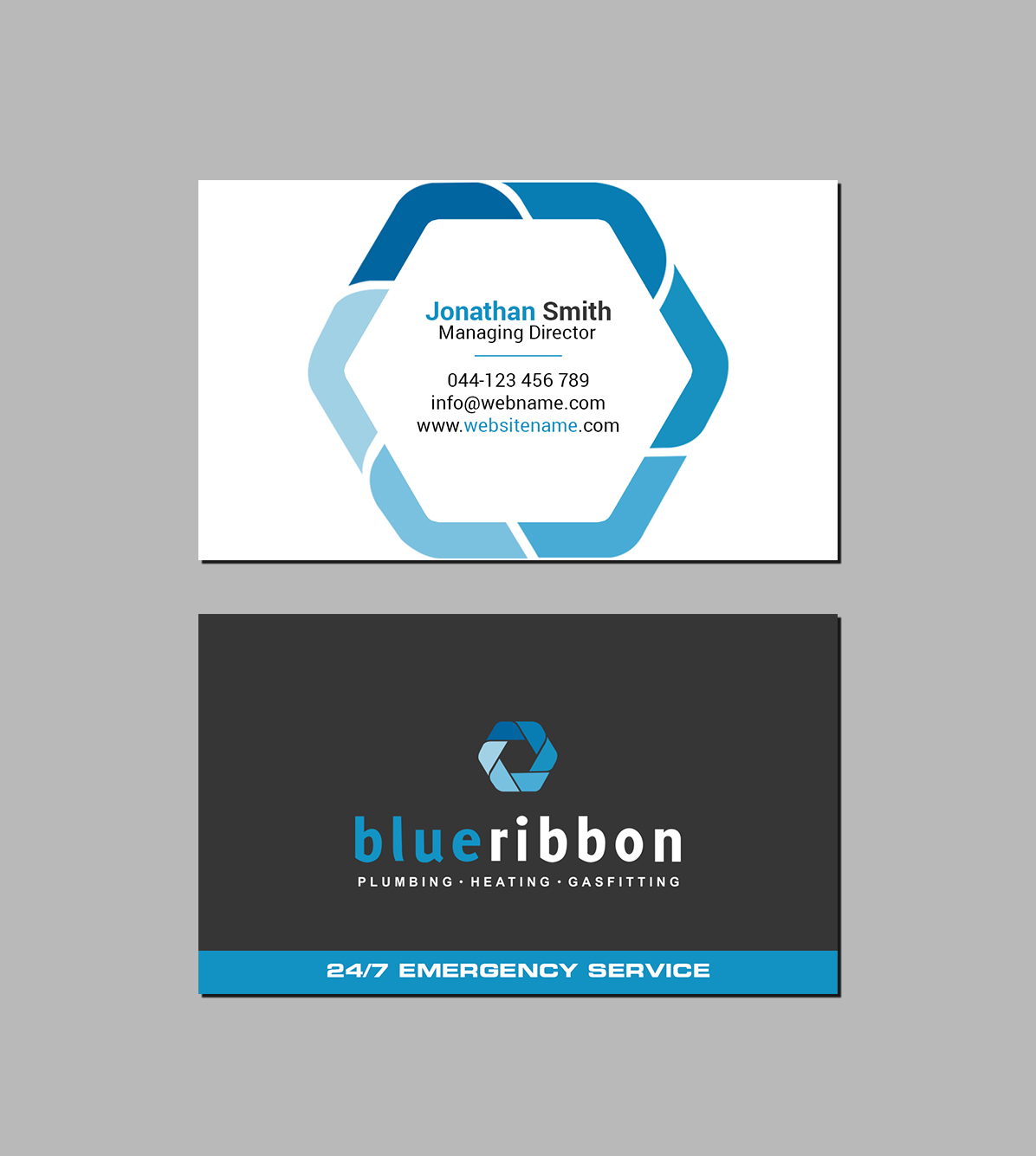 Business Card Design by Creations Box 2015 for Blue Ribbon Plumbing Heating & Gasfitting Ltd. | Design #30301701