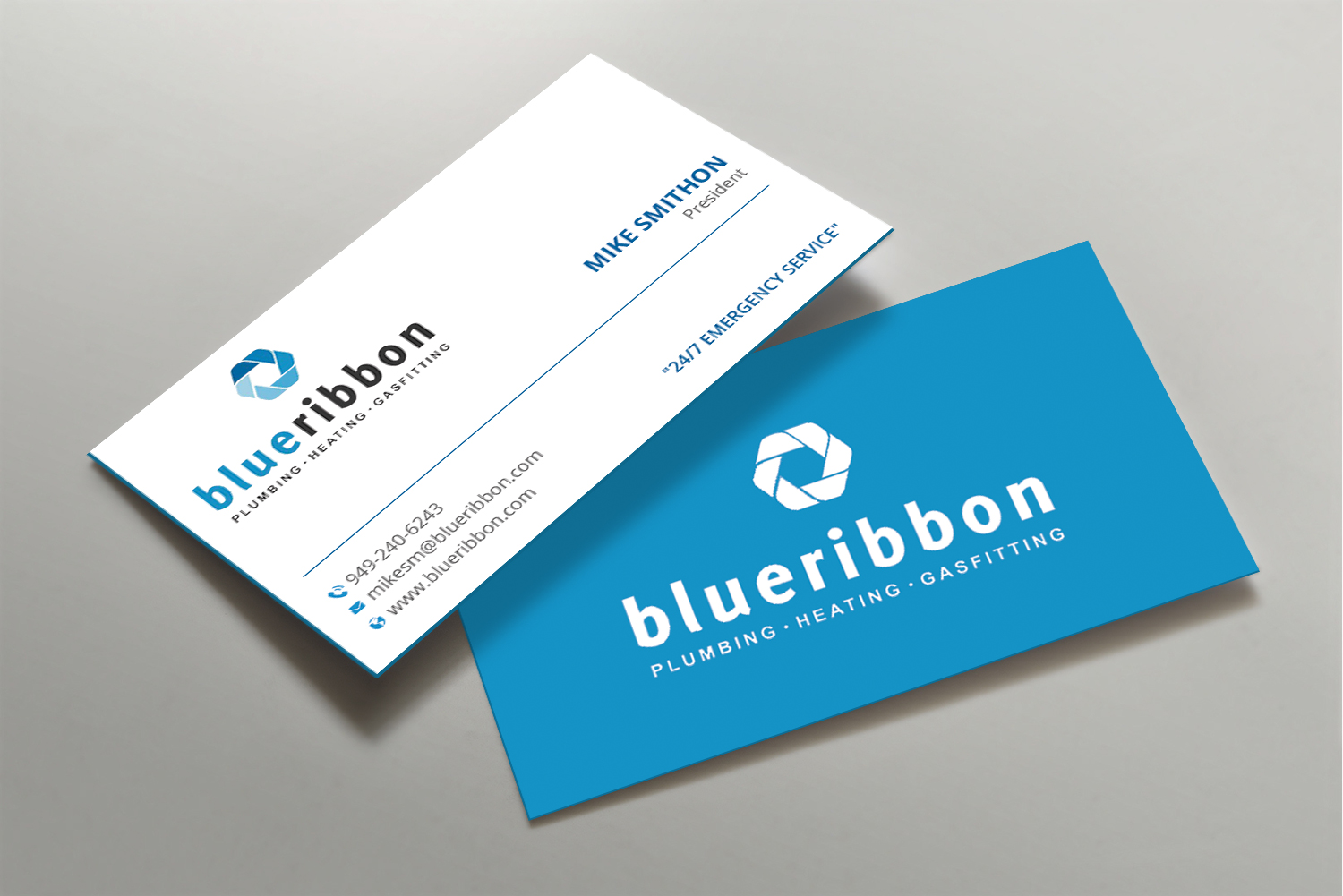 Business Card Design by DesignShout for Blue Ribbon Plumbing Heating & Gasfitting Ltd. | Design #30291690