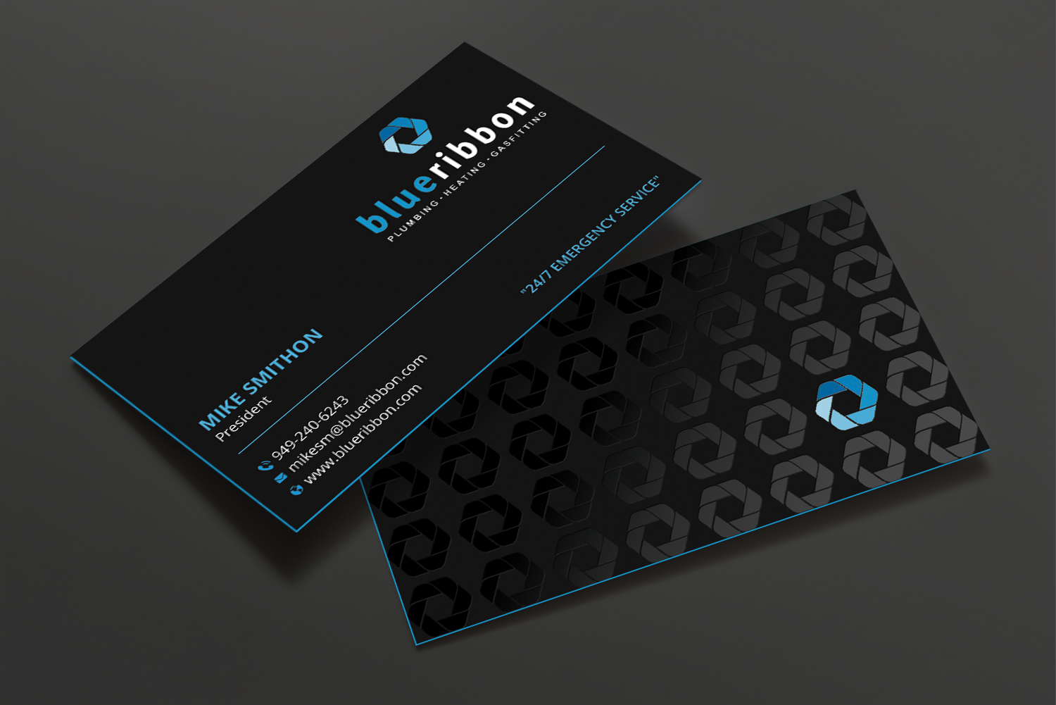 Business Card Design by DesignShout for Blue Ribbon Plumbing Heating & Gasfitting Ltd. | Design #30291730