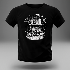Tee shirt design (white on black) for casual quirky Florida-themed cafe with whimsical art