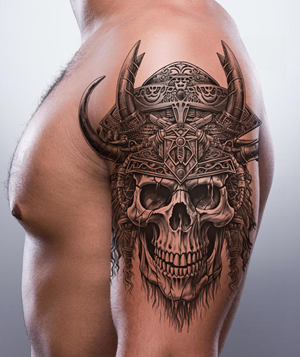 Warrior Skull in detailed helmet tattoo